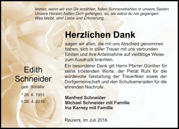Traueranzeige von Edith Schneider von  OK Oberhessen Kurier