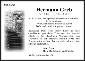 Traueranzeige von Hermann Greb von  OK Oberhessen Kurier