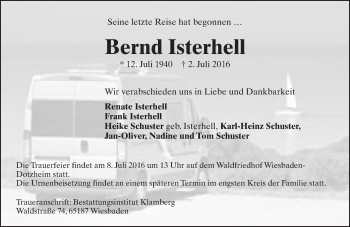 Traueranzeige von Bernd Isterhell von Trauerportal Rhein Main Presse