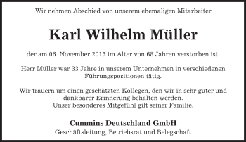 Traueranzeige von Karl Wilhelm Müller von  Wormser Zeitung