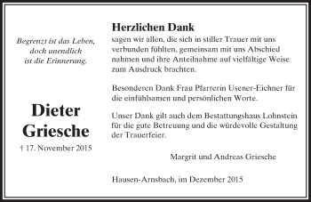 Traueranzeige von Dieter Griesche von  Usinger Anzeiger