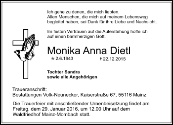Traueranzeige von Monika Anna Dietl von  Allgemeine Zeitung Mainz