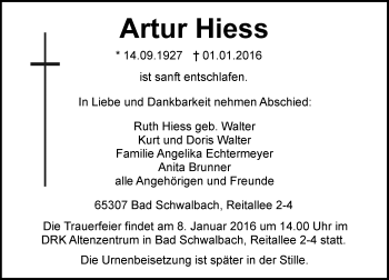 Traueranzeige von Artur Hiess von  WK-UTA/Aar-Bote