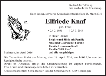 Traueranzeige von Elfriede Knaf von  Kreisanzeiger