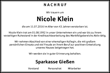 Traueranzeige von Nicole Klein von  Gießener Anzeiger