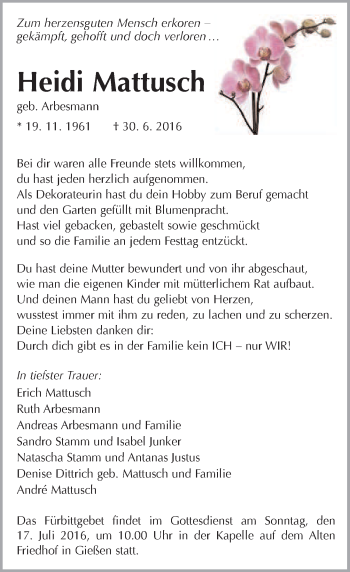 Traueranzeige von Heidi Mattusch von  Gießener Anzeiger