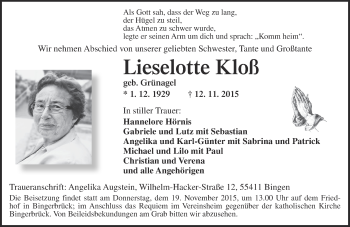 Traueranzeige von Lieselotte Kloß von  Allgemeine  Zeitung Ingelheim-Bingen