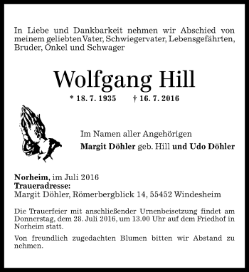 Traueranzeige von Wolfgang Hill von Trauerportal Rhein Main Presse