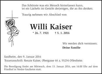 Traueranzeige von Willi Kaiser von  Allgemeine Zeitung Alzey