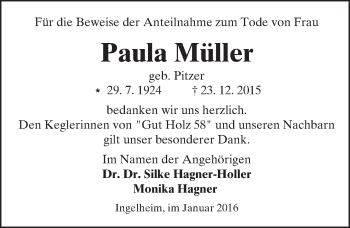 Traueranzeige von Paula Müller von  Allgemeine  Zeitung Ingelheim-Bingen