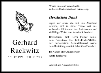 Traueranzeige von Gerhard Rackwitz von VRM Trauer