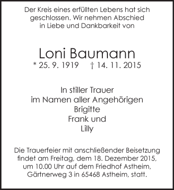 Traueranzeige von Loni Baumann von  Mainspitze Traueranzeige von Loni Baumann von  Mainspitze