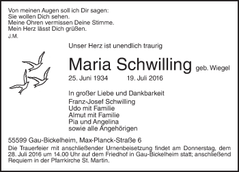 Traueranzeige von Maria Schwilling von Trauerportal Rhein Main Presse