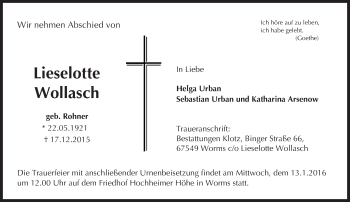Traueranzeige von Lieselotte Wollasch von  Wormser Zeitung