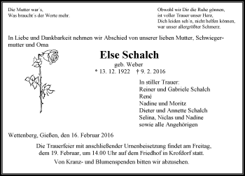 Traueranzeige von Else Schalch von  Gießener Anzeiger