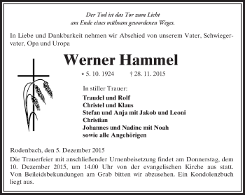 Traueranzeige von Werner Hammel von  Kreisanzeiger
