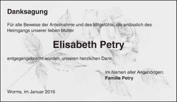 Traueranzeige von Elisabeth Petry von  Wormser Zeitung