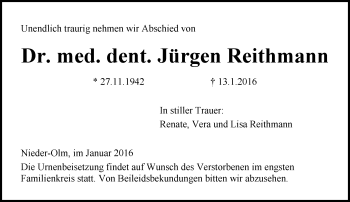 Traueranzeige von Jürgen Reithmann von  Allgemeine Zeitung Mainz