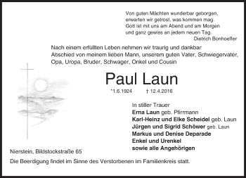 Traueranzeige von Paul Laun von  Landskrone