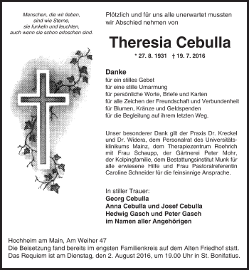 Traueranzeige von Theresia Cebulla von Trauerportal Rhein Main Presse