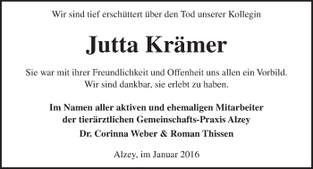 Traueranzeige von Jutta Krämer von  Allgemeine Zeitung Alzey