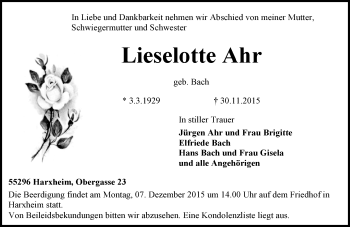 Traueranzeige von Lieselotte Ahr von  Allgemeine Zeitung Mainz