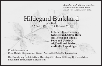 Traueranzeige von Hildegard Burkhard von  WK-UTA/Aar-Bote