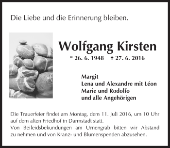 Traueranzeige von Wolfgang Kirsten von Trauerportal Echo Online