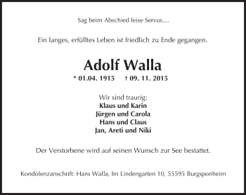 Traueranzeige von Adolf Walla von  Allg. Zeitung Bad Kreuznach