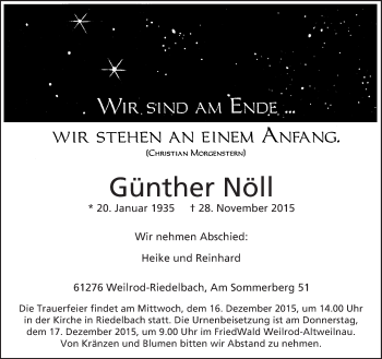 Traueranzeige von Günther Nöll von  Usinger Anzeiger
