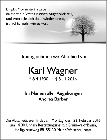 Traueranzeige von Karl Wagner von  Allgemeine Zeitung Mainz