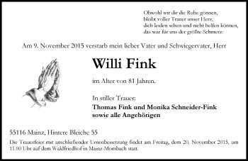 Traueranzeige von Willi Fink von  Allgemeine Zeitung Mainz
