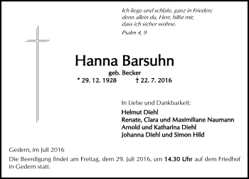 Traueranzeige von Hanna Barsuhn von  Kreisanzeiger