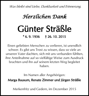 Traueranzeige von Günter Sträßle von  Sonntags Anzeiger
