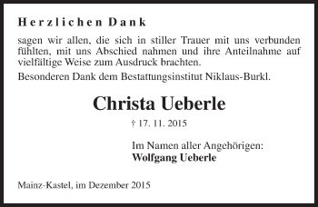 Traueranzeige von Christa Ueberle von  Allgemeine Zeitung Mainz