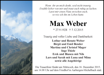 Traueranzeige von Max Weber von  WK-UTA/Aar-Bote