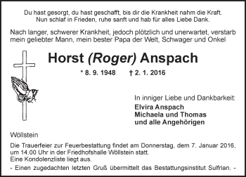 Traueranzeige von Horst  Anspach von  Allgemeine Zeitung Alzey