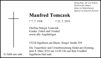 Traueranzeige von Manfred Tomczok von  Allgemeine  Zeitung Ingelheim-Bingen