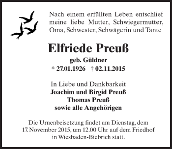 Traueranzeige von Elfriede Preuß von  Wiesbaden komplett