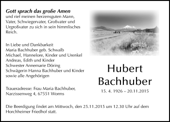 Traueranzeige von Hubert Bachhuber von  Wormser Zeitung