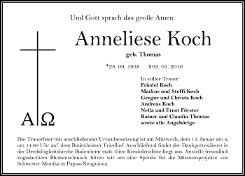 Traueranzeige von Anneliese Koch von  Landskrone