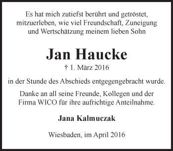 Traueranzeige von Jan Haucke von  Mainspitze