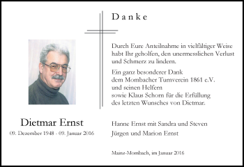 Traueranzeige von Dietmar Ernst von  Allgemeine Zeitung Mainz