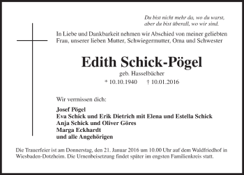 Traueranzeige von Edith Schick-Pögel von  Wiesbaden komplett