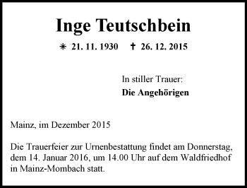 Traueranzeige von Inge Teutschbein von  Allgemeine Zeitung Mainz