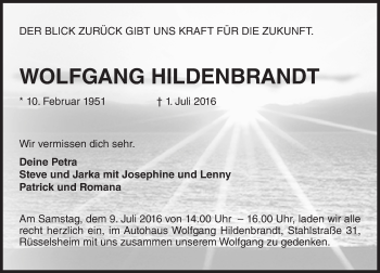 Traueranzeige von Wolfgang Hildenbrandt von Trauerportal Rhein Main Presse