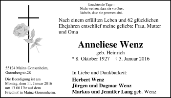 Traueranzeige von Anneliese Wenz von  Allgemeine Zeitung Mainz