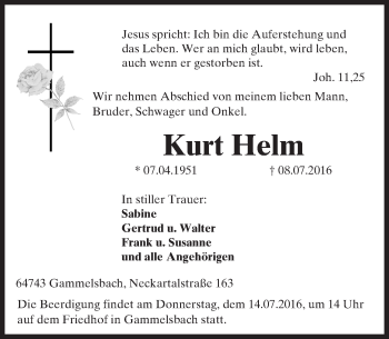 Traueranzeige von Kurt Helm von Trauerportal Echo Online