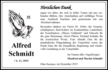 Traueranzeige von Alfred Schmidt von  Sonntags Anzeiger