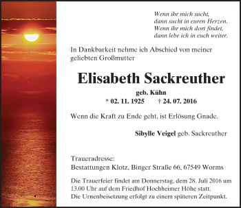 Traueranzeige von Elisabeth Sackreuther von Trauerportal Rhein Main Presse
